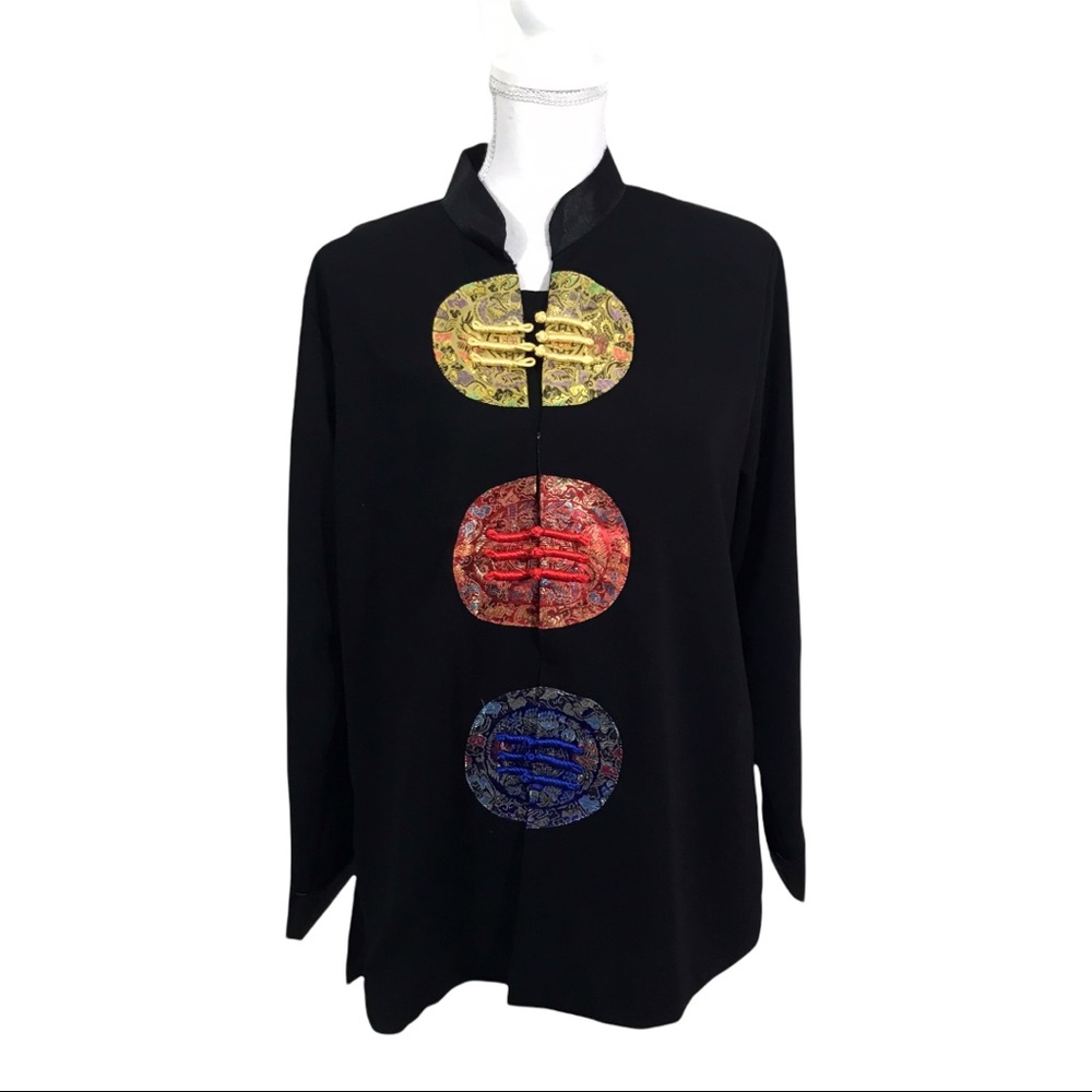 Vintage Women’s Large 100% Silk Black Brocade Trim Jacket Knot Closures - Picture 2 of 10